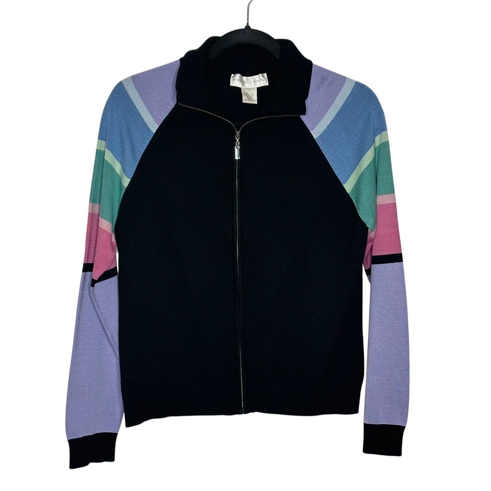 Doncaster Full Zip‎ Silk Blend Cardigan Sweater Size L Black Striped Sleeve